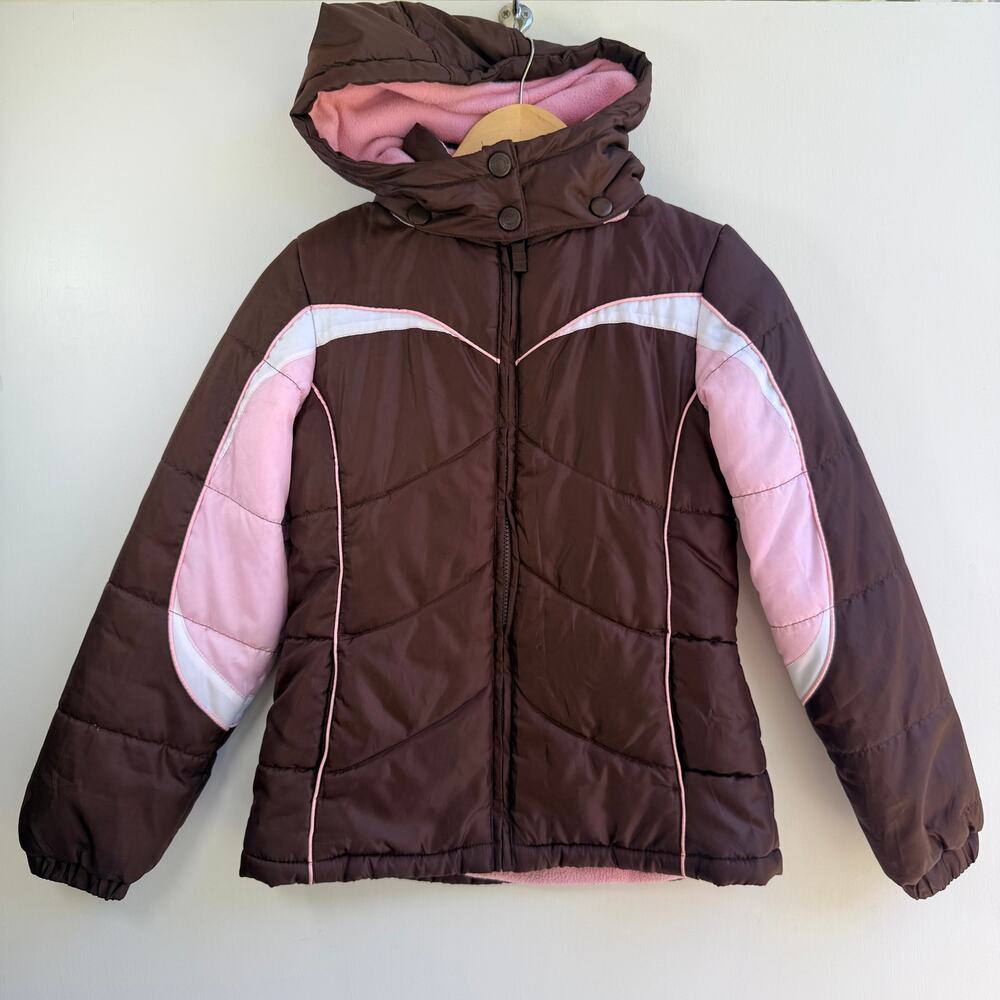 London Fog Girls Brown Pink Hooded Puffer Jacket Coat Fleece Lined Medium 10-12